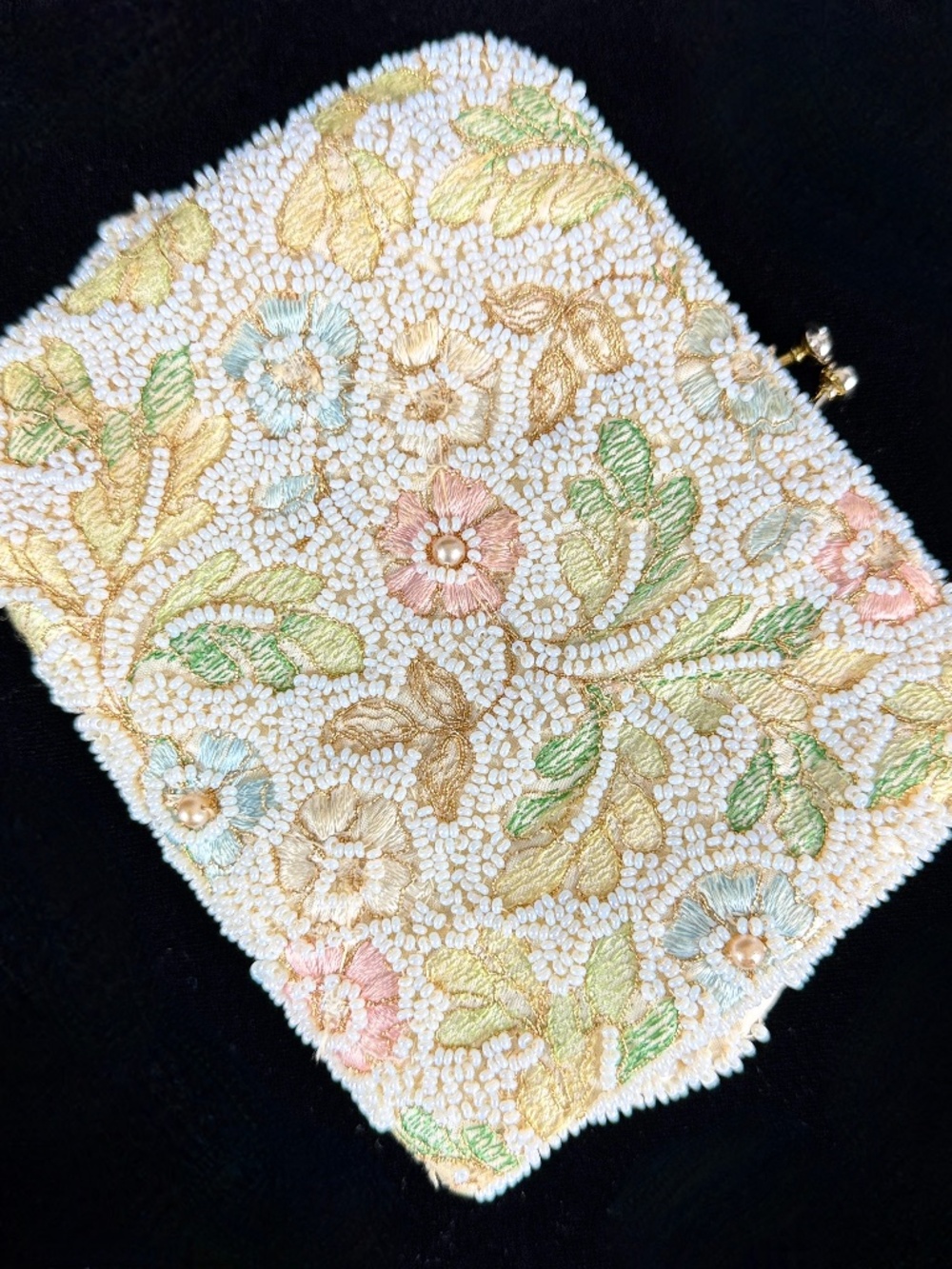 Vintage 1950s Jollés Original Beaded Clutch Bag Floral Pastel Embroidered Bridal